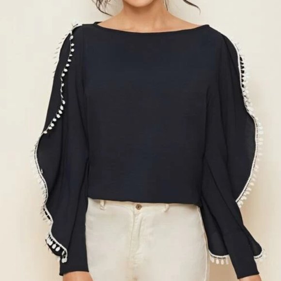 Black Lace Trim Long Sleeve Blouse in XS, M, L - Picture 4 of 4